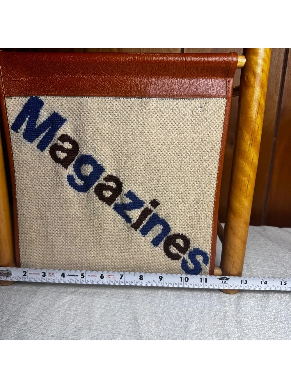 Vintage Wooden Magazine Rack Brown Leather Canvas Sling Holder Mid Century 13x12